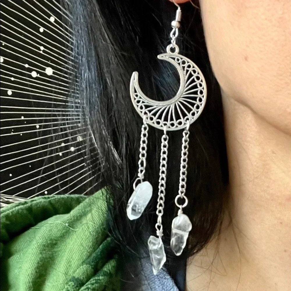 Celestial LUNA MOON Clear Quartz Chandelier Earrings